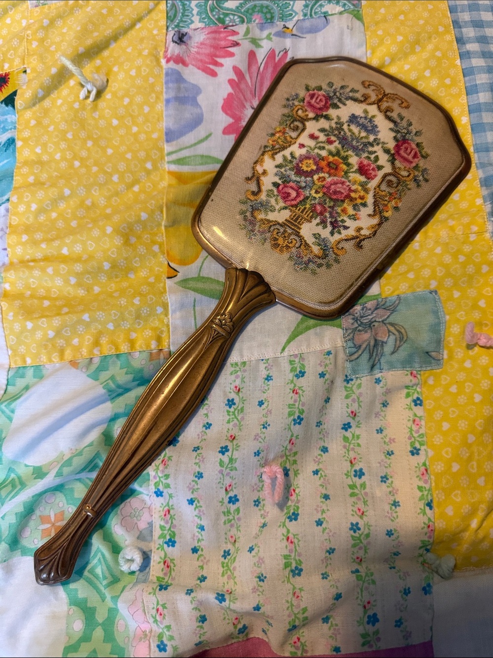 Vintage Vanity Hand Held Gold Plated Mirror Needlepoint?